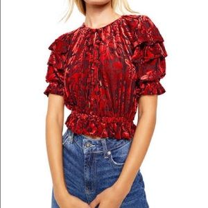 Free People Red Floral Velvet Ruffle Top